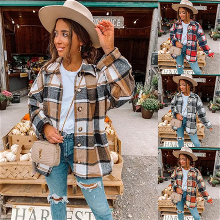 Hot selling popular autumn and winter new fashion large plaid shirt women's frosted coat