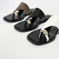 Sandales plates à enfiler pour femme en cuir véritable à bout carré, semelle souple, style petite fragrance, polyvalentes printemps-été