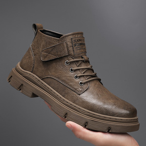 Bottes pour hommes en cuir véritable, hauteur cheville, bout rond, semelle extérieure en caoutchouc antidérapante, doublure en peluche, couleur unie, mode automne-hiver - Product Image 1
