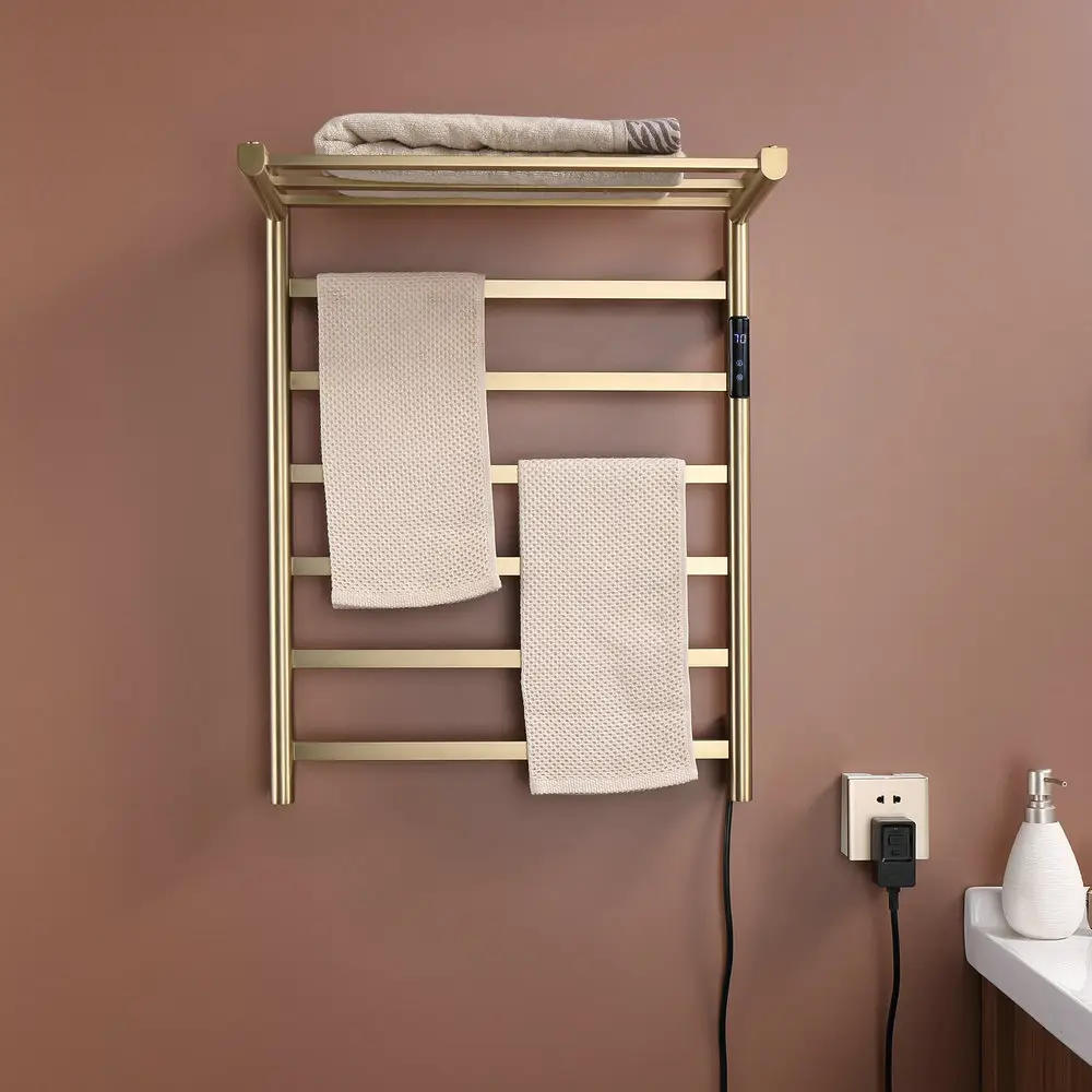 New Arrival Brushed Gold Color Swing Heated Electric Wall Mounted Expandable Bathroom Towel Racks With Stainless Steel Shelf