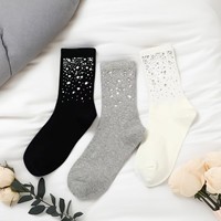 Chaussettes courtes en coton respirantes et absorbantes, tricotées avec des gemmes de diamant brillantes et colorées, pour l'été, noir et blanc