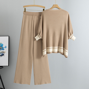 Completi lavorati a maglia primavera autunno snellenti maniche aderenti maniche a pipistrello top pantaloni larghi maglioni completi a due pezzi - Product Image 3