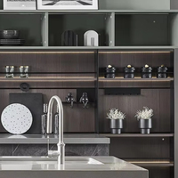 Kabinet dapur melamin Modern dengan laci engsel keranjang laci Backsplash untuk Vila terbuat dari papan partikel