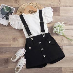 Conjuntos de ropa para niños pequeños, Top de punto con mangas de encaje y pantalones tipo overol, 2 uds., ropa para niños, traje de verano para niñas de 2 a 7 años - Product Image 3