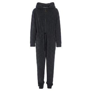 Combinaison de nuit longue à capuche pour femme, manches longues, couleur unie, tricotée en fil teint, 100% coton, imperméable, avec fermeture éclair, vêtement de détente - Product Image 1