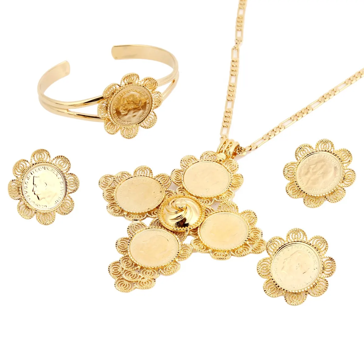 Traditional Ethiopian Coin Wedding Jewelry Sets Gold Color Bridal Romantic Jewelry