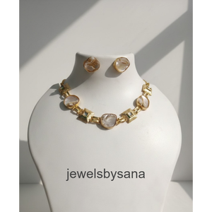 Elegant Handmade Gold Plated Brass MOP Tumble and Kundan Jewelry <b>Set</b> for Women, Designer Mother of <b>Pearl</b> Necklace and Earrings - Product Image 3