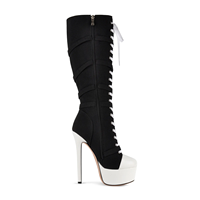 Bottines gothiques pour femmes à plateforme noire et blanche, hauteur genou, avec boucles étoiles métalliques, lacets avant, fermeture éclair latérale, talon aiguille ultra fin
