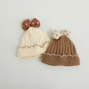 Gorros para niños dulces, gorro de bebé Beige, gorro con lazo, gorros de invierno para mantener el calor al aire libre, gorros de moda de 3 a 18M