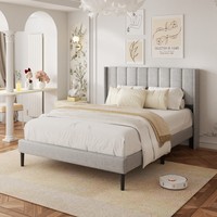 Lit plateforme convertible réglable marron personnalisé avec tête de lit à volants, revêtement en lin, support métallique renforcé, pour chambre principale moderne
