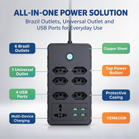 Stop Kontak Brazil 7 Lubang AC dengan 4 Port USB 1 Soket Universal Papan Ekstensi Stasiun Pengisian Daya dengan Saklar ON/Off OEM ODM