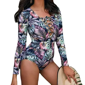 2023 new European and American print sexy beach long-sleeved UPF50+ one-piece swimsuit women's swimsuit Swimwear