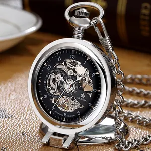 Gorben Stainless Steel Men Fashion Casual Pocket Watch Skeleton dial Silver Hand Wind Mechanical Male Fob Chain Watches