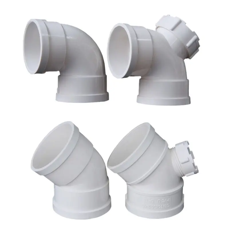 50 110mm PVC drainage plastics pipe fittings 45 90 Degree Elbow Y lateral Tee coupling with mouth Cross3 4ways roof drain joint