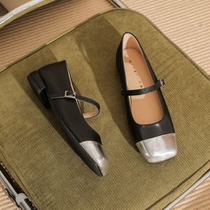 Zapatos Planos Franceses con Punta en Pico y Diseño de Perlas para Mujer, Patrón Geométrico, Parte Superior de Cuero Genuino Impermeable, Ligeros - Product Image 1