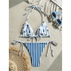 FOXA Women's Two Piece Striped <b>Bikini</b> Set Halter <b>String</b> Thong Reversible Swimwear Spandex Polyester Bathing Suit - Product Image 4
