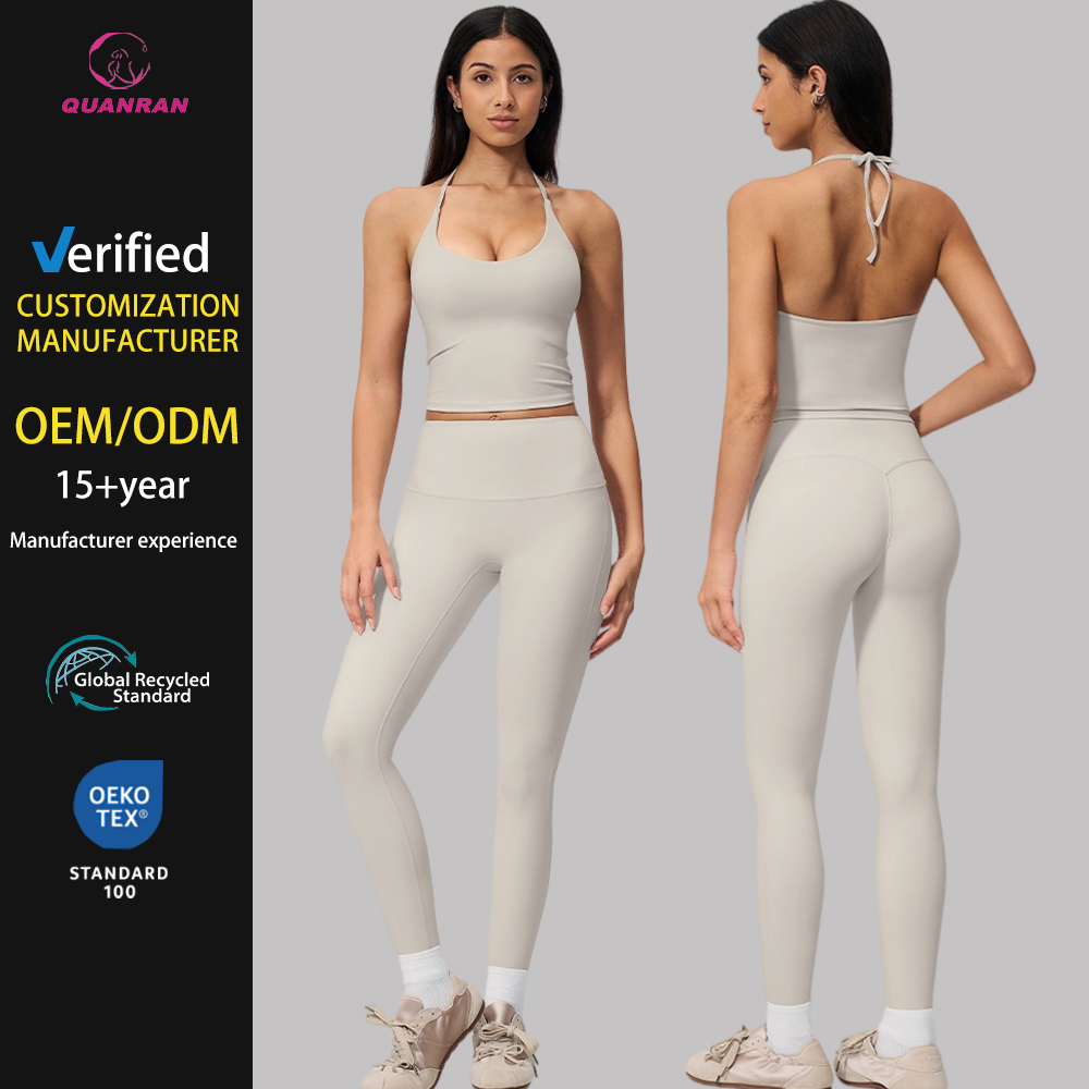 OEM ODM Women's Activewear Set Halter Tie-back Yoga Suit High Waist Butt Lift Fitness Leggings 2 Piece Gym Clothing