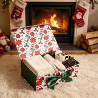 Coffret Cadeau de Noël Poinsettia : Écharpe, Moufles, Chocolat, Guimauves – Emballage Écologique Personnalisable en Gros – Ensemble Cadeau Élégant
