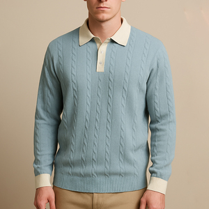 Disesuaikan Polo kemeja katun Twill rajut pria kemeja kasual lengan panjang bergaris POLO kemeja kasual untuk pria
