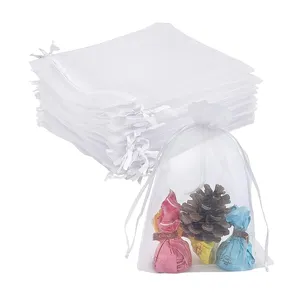 Оптовая продажа, портативные белые сетчатые сумки из органзы с принтом, сумки для ювелирных изделий на завязках