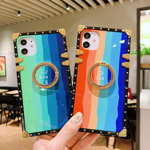 For <span class=keywords><strong>Iphone</strong></span> XR <span class=keywords><strong>11</strong></span> 12 Ladies Square Rainbow Casing Leather  Mobile Phone Case  With Finger Hold - Product Image 2