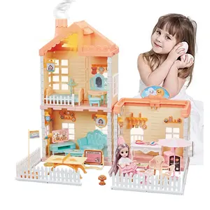 ซัวเถาจำหน่ายสาวเด็กเล่นเฟอร์นิเจอร์ Dreamhouse ของขวัญเด็ก DIY ขนาดเล็กวิลล่า Puppenhaus บ้านตุ๊กตาชุด