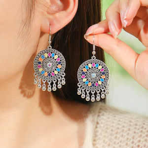 Ethnic <b>Silver</b> Plated Jewelry <b>Set</b> Tassel <b>Necklace</b> And Earrings With Colorful Inlay For Women Everyday Wear - Product Image 2