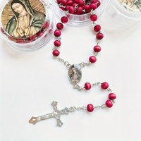 12pcs Catholique Vierge Marie Guadalupe Chapelet Perles En Bois Croix Collier Rouge Avec Boîte En Plastique pour Eucharistie Prière Premier Baptême