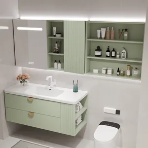 Yüzer Vanity lavabo ayna Led mermer sayacı katı ahşap tuvalet Modern banyo Vanity setleri toptan duvara monte dolap