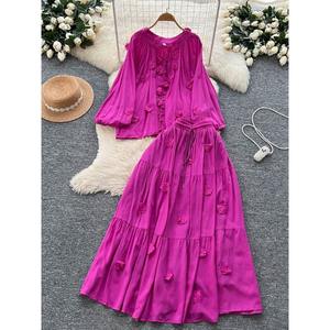 Sanfter Stil Elegantes 2-teiliges Set Damen Herbst Sweet 3D Flower Tie Laterne Ärmel Top Hohe Taille Ausgestellter Midirock - Product Image 4