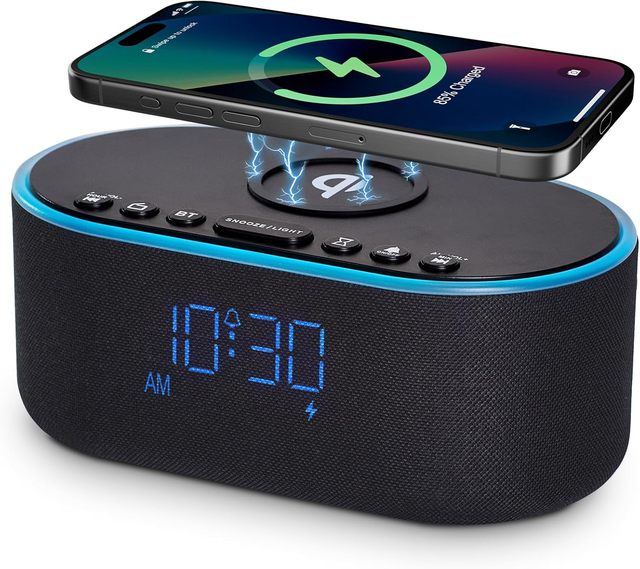 Wireless Charging Alarm Clock Radio Stereo Bluetooth Speaker Dimmable Digital Clock with FM Radio for Bedroom