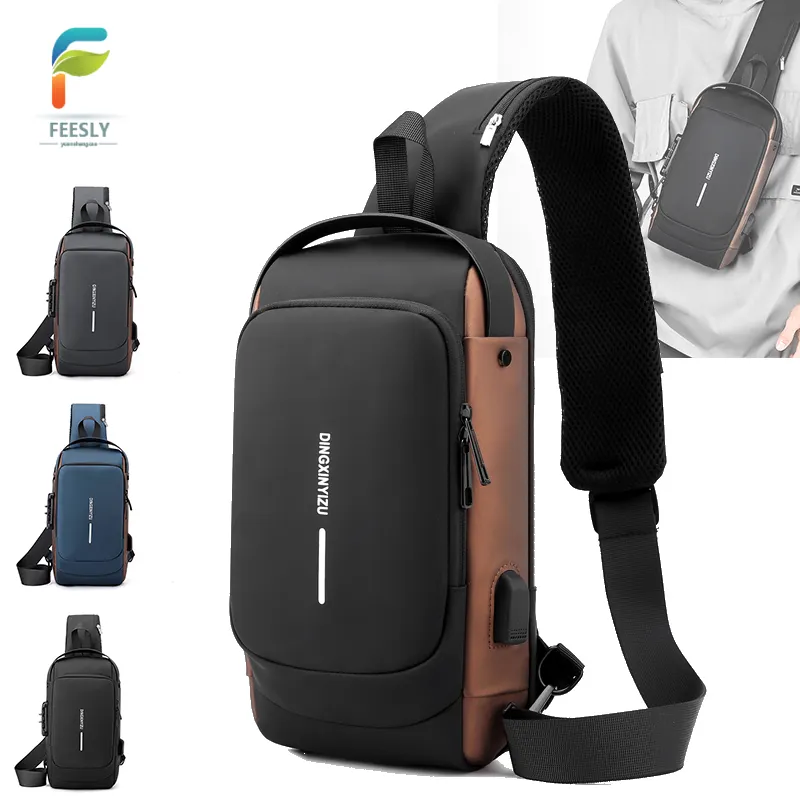 Bandolera cruzada USB para hombre, bolso de hombro antirrobo, a la moda, venta al por mayor, 2022