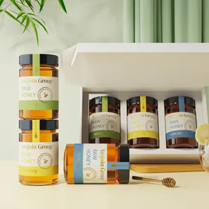 Personalizado caixa de presente artesanato embalagem jam molho de frasco de vidro de mel com dipper e tampa de metal