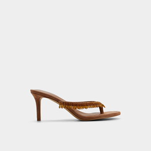 Women's Brown Suede Beaded Fringe Thong <strong>Mules</strong> Square Toe <strong>Kitten</strong> <strong>Heel</strong> Slide Sandals - Product Image 3
