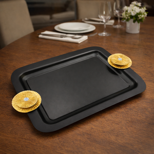 Bandeja de servicio redonda negra con asa, bandeja de metal blanca para hotel de lujo, bandeja de servicio antigua - Product Image 4