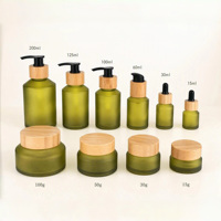 Botol Kaca Hijau Zaitun Berbentuk Miring 30 ml 60 ml 100 ml 200 ml Botol Kosmetik dan Stoples Kaca 30 gr 50 gr dengan Tutup Bambu