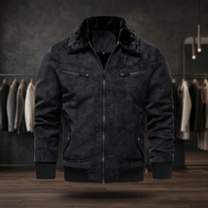 Blouson bomber en peau de mouton noir avec col en fourrure, fermeture éclair, épais, en daim, pour homme, hiver - Product Image 2