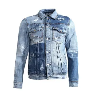 DiZNEW Factory Custom Patch Wash Jacket Comfortable Contrasting Colors Distressed Denim Jacket