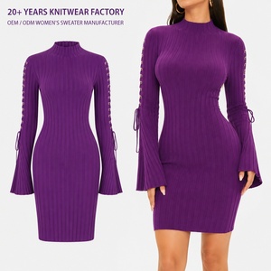 Abito Maglione Donna Autunno Inverno di Alta Qualità <span class=keywords><strong>in</strong></span> Cotone Lavorato a <span class=keywords><strong>Maglia</strong></span> Colore Viola con Lacci e Maniche Lunghe a Campana - Product Image 1