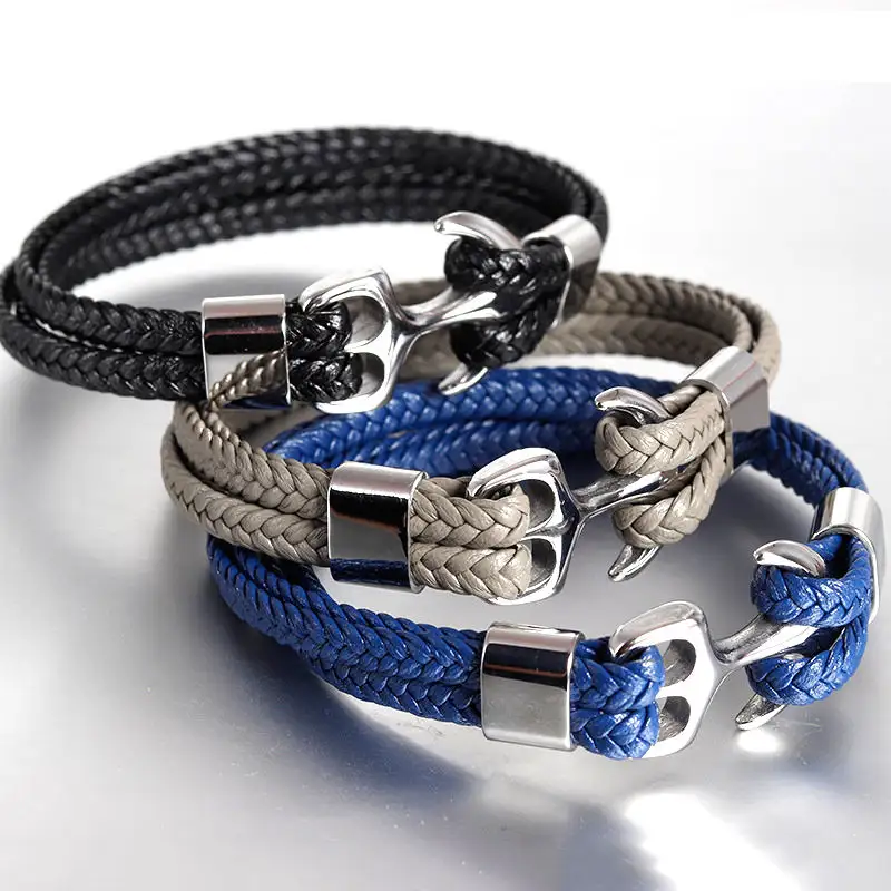 AN-001 Jewelry 316L Stainless Steel Black Grey Blue Genuine Leather Anchor Bracelet Vintage Woven Mens Leather Rope Bracelet