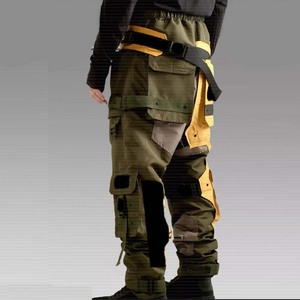 남성용 노란색 스트리트 힙합 스타일 배기형 헤비 듀티 카고 팬츠 다수의 포켓 스트랩 팬츠 - Product Image 6
