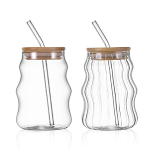Vasos acanalados transparente Boba vaso aislado <span class=keywords><strong>doble</strong></span> taza sublimación capuchino café tazas <span class=keywords><strong>de</strong></span> vidrio con tapa <span class=keywords><strong>de</strong></span> bambú y pajita - Product Image 6