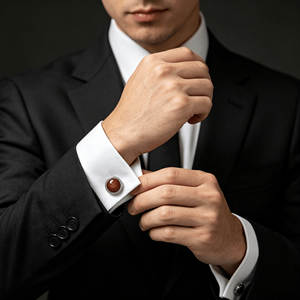 Mancuernillas Personalizadas con Piedra Ojo de Gato Roja para Hombre, Mancuernillas Redondas Plateadas para Camisa Formal de Negocios, Regalos para Novios - Product Image 2