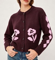 Kardigan Rajut Jacquard Bunga Wanita Kerah Bulat Kancing Depan Lengan Panjang Longgar Pola Bunga Jaket Rajut Kasual Retro Lembut