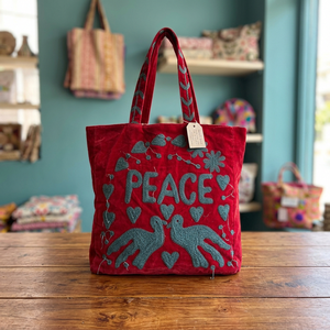 Bolso Tote de Terciopelo Bordado a Mano Personalizado al por Mayor, Diseño Amor y Paz, Aplique Rosa, Bolso de Hombro Casual para Mujer - Product Image 1