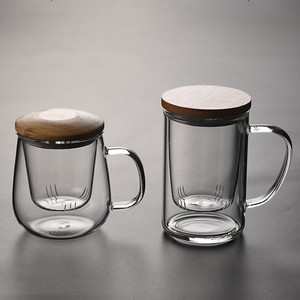 Transparent Glass <b>Tea</b> <b>Infuser</b> Cup With Wooden Lid And Handle Office Use Mushroom Shaped Straight Leg Design Solid Color - Product Image 1