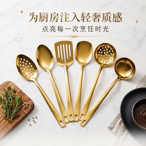 6Pcs Stainless Steel Kitchen Utensil <b>Set</b>, <b>Square</b> Handle Cooking Shovel Slotted Turner, Pasta Spoon Leaky Scoop for Hotel - Product Image 2