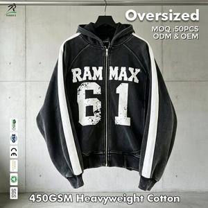 Custom Vintage Washed <b>Zip</b> Up Hoodie Men | 3 Stripes Sleeve Boxy Fit Full <b>Zip</b> <b>Hooded</b> Jacket | RAMMAX Number Print Private Label - Product Image 1