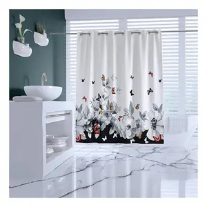 CF BCJ51 Floral Fabric Shower Curtain No Hooks Needed Simple Flower And Butterfly Design Machine Washable