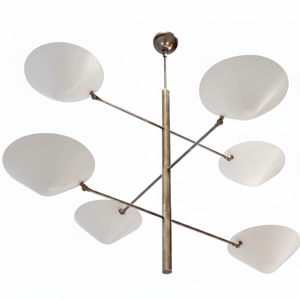 Lustre contemporain français moderne à 5 bras en laiton, abat-jour à disque, lumière blanche chaude pour îlot de cuisine, restaurant, salon, ampoule E12 - Product Image 1